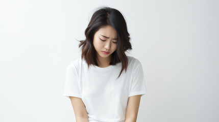 Obraz premium Portrait of a sad asian woman on isolated solid white background