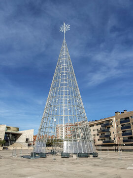 Badalona, Spain - November 14, 2023: The mayor of Badalona Xavier Albiol has already set up the "tallest" Christmas tree in Spain for 2023