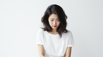 Portrait of a sad asian woman on isolated solid white background