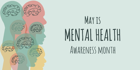 Trendy retro Mental Health awareness month banner with brain in head. Mental Health poster in modern groovy style with copy space. Vector illustration can used web pages, flyer, card cover.