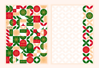 Christmas covers with geometric pattern in red and green colors, snowflakes and Christmas trees