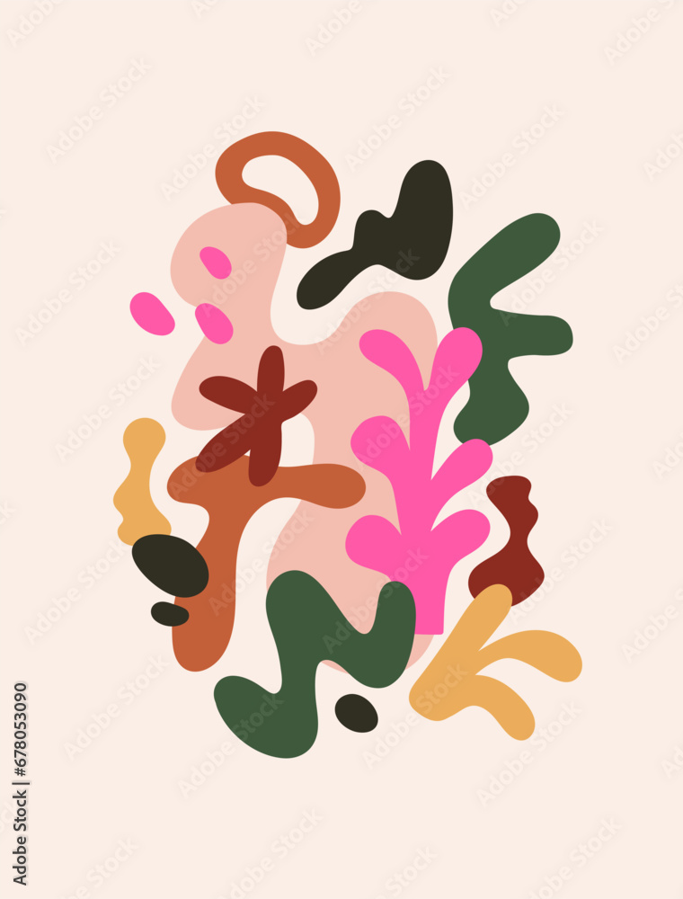 Poster Abstract modern card design. Trendy poster with creative shapes, fluid elements, blobs, blots. Vertical background, interior wall art in contemporary style. Colored flat graphic vector illustration