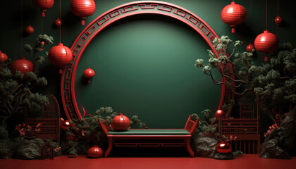 Chinese new year, green colored background in the form of a stage with Chinese lanterns
