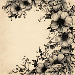 Vintage paper design with black flowers. Generative ai. 