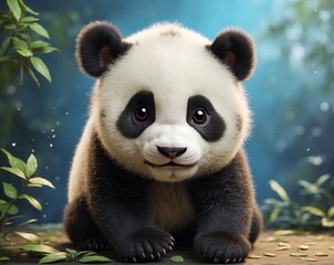 Cute panda bear sitting on the floor with green leaves background