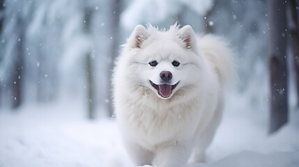 Samoyed white dog with smile is running on snow outside on winter background.