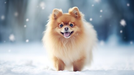Cute Pomeranian playing outside in cold winter snow.