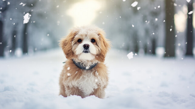 Cute Shisu playing outside in cold winter snow.