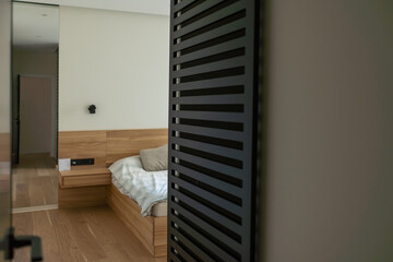 Hotel interior room, Condominium or apartment doorway with open door in front of blur bedroom...
