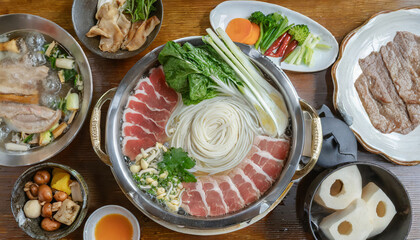 top view of shabu-shabu highlights thin slices of meat, vegetables, and udon noodles cooked in a simmering pot, offering a communal and interactive dining experience in Japanese cuisine