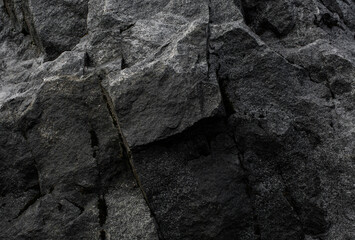 Black white rock texture. Mountain surface. Close-up. Gray stone background with copy space for design. Wide banner. Panoramic.