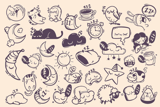 Sleep, relax time, dream night doodle set. Concept comfort night sleep time. Hand drawn sketch style. Balloon, Moon, cat, star, lamp element. Hand drawn Vector illustration