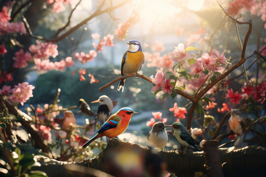 two colorful birds sitting on a branch with pink flowers. 