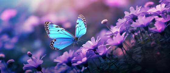 Beautiful purple blue butterfly on an anemone forest.