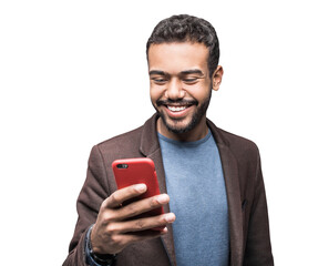 Young handsome man using smartphone isolated transparent PNG, Smiling student men looking at mobile phone isolated portrait. Modern lifestyle, connection, business concept