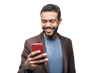 Young handsome man using smartphone isolated transparent PNG, Smiling student men looking at mobile phone isolated portrait. Modern lifestyle, connection, business concept