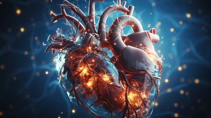 Glowing 3D model of a human heart on a blue background. Heart lesions