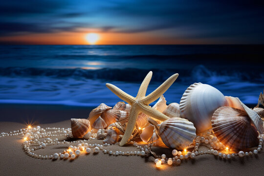 Sea shells background HD 8K wallpaper Stock Photographic Image
