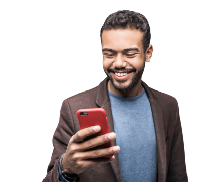 Young handsome man using smartphone isolated transparent PNG, Smiling student men looking at mobile phone isolated portrait. Modern lifestyle, connection, business concept