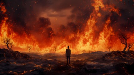 A man stands before a massive wildfire in a burnt field with dead trees under a smoky sky.