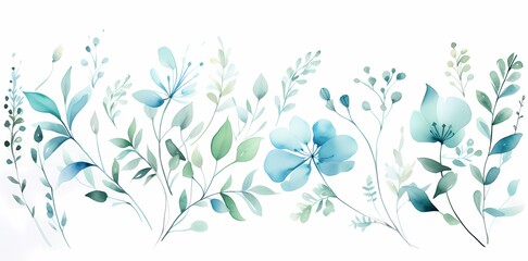 Assortment of watercolor leaves in various shapes and shades of green, delicately painted on a white background