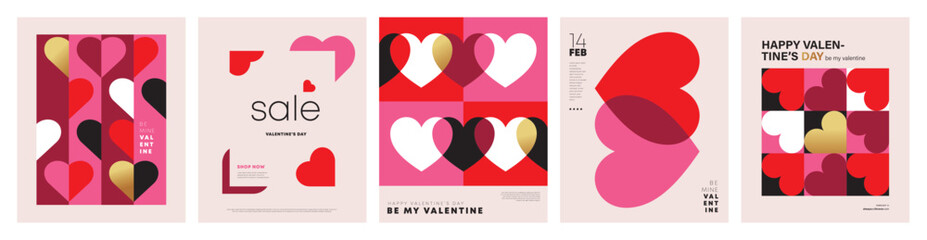 Set of Valentine's Day poster, greeting card, cover, label, sale promotion templates, pattern background in modern trendy geometric style. - 678054665