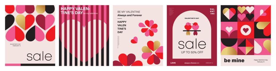 Set of Valentine's Day poster, greeting card, cover, label, sale promotion templates, pattern background in modern trendy geometric style. - 678054679