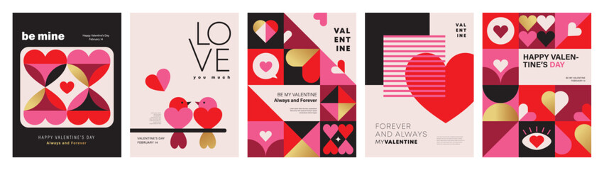 Set of Valentine's Day poster, greeting card, cover, label, sale promotion templates, pattern background in modern trendy geometric style. - 678054694