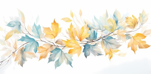 Delicate watercolor painting of autumn maple leaves in vibrant shades of orange, red, and yellow on a branch.