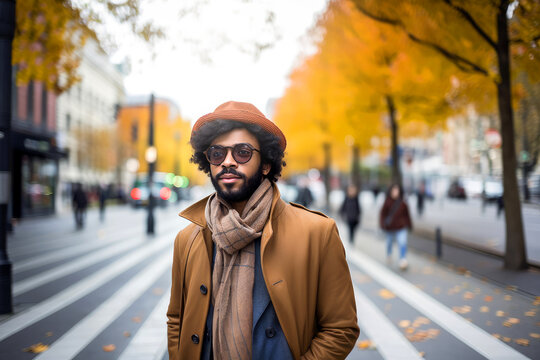 Bearded Stylish handsome Man On The Street with confident attitude in autumn