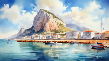 Beautiful view of the Rock of Gibraltar watercolor. - obrazy, fototapety, plakaty