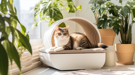 Cute domestic cat resting in cot. Cozy cat bed, creative concept of pet products, pet store, pet furniture. 