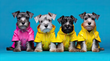 miniature schnauzer puppies in a raincoat on blue background, banner copy space. - obrazy, fototapety, plakaty