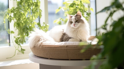 Cute domestic cat resting in cot. Cozy cat bed, creative concept of pet products, pet store, pet furniture. 