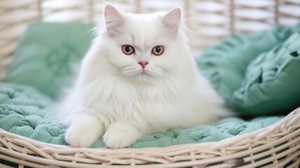 Fototapeta na wymiar Cute white domestic cat resting in cot. Cozy cat bed, creative concept of pet products, pet store, pet furniture. 