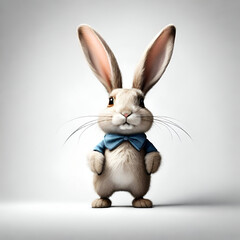Whimsical, comical rabbit brings laughter, antics showcased against clean, amusing white background in AI-generated photos.