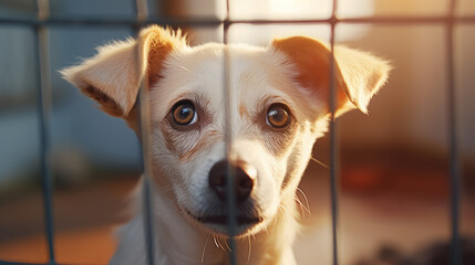 Sad dog look into camera through the bars of the cage. Dog shelter, homeless animals, charity work and volunteering, help for dog shelters. 