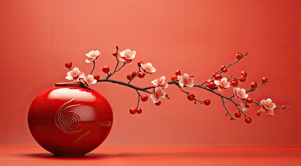 Red vase and some traditional Chinese plum blossom on a red background - obrazy, fototapety, plakaty