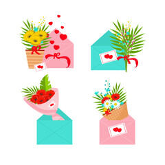 Different bouquets of flowers in a package, envelopes, a postcard. Flower delivery. Online greetings. Vector set. Design elements