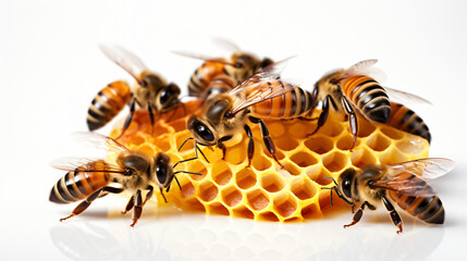 Bees working on a honeycomb on white background.