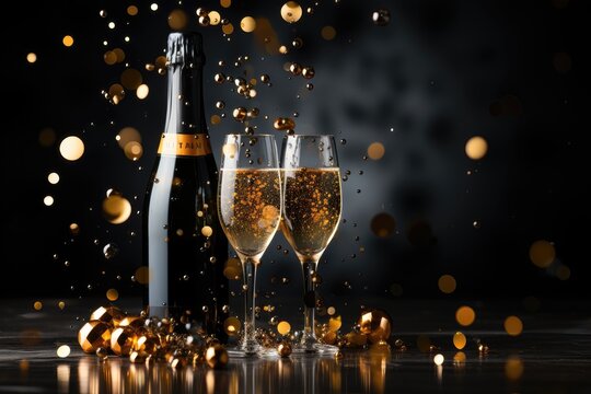 A festive background image showcasing two glasses of champagne, a bottle, with space for customization and a blurred background for added aesthetic appeal. Photorealistic illustration