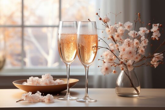 A festive background image featuring two glasses of champagne, pink flowers arranged in a glass jar, and a blurred background for an added touch of elegance. Photorealistic illustration