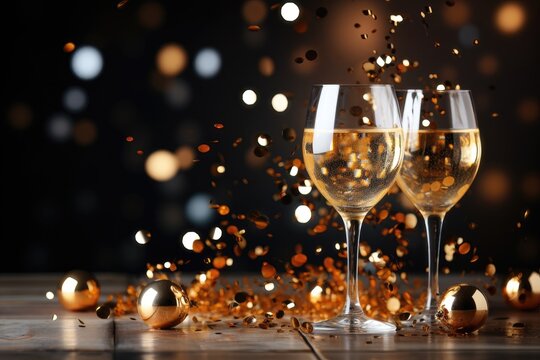A celebratory background image featuring two glasses of champagne, golden confetti, and a blurred background for a festive atmosphere. Photorealistic illustration