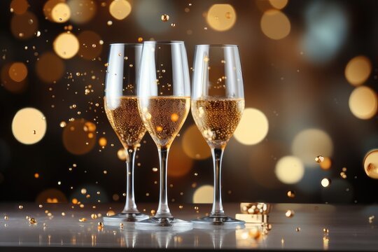 A festive background image showcasing glasses of champagne against a backdrop of blurred holiday lights, creating a celebratory atmosphere. Photorealistic illustration