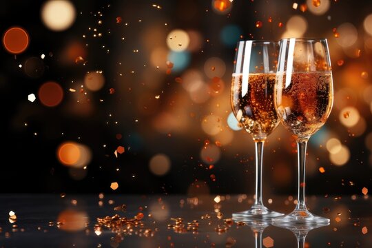 A celebratory background image featuring two glasses of champagne, festive confetti, and blurred holiday lights in the background. Photorealistic illustration