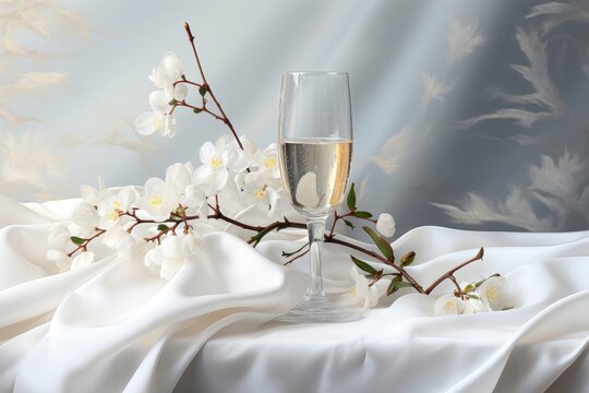 A sophisticated background image featuring a single glass of champagne and delicate white flowers elegantly arranged on a backdrop of white fabric. Photorealistic illustration