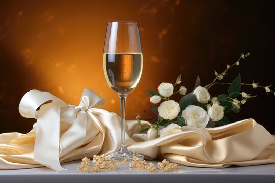 A sophisticated background image showcasing a glass of champagne paired with delicate white roses on a silky fabric. Photorealistic illustration