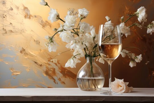 A serene background image featuring a glass of champagne and white flowers elegantly arranged in a glass vase. Photorealistic illustration