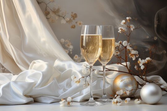 An elegant background image showcasing glasses of champagne, delicate white flowers, and flowing white curtains, providing a sophisticated and customizable setting. Photorealistic illustration