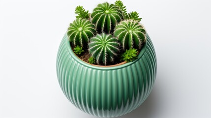 A top view image of a vibrant green ceramic pot containing an assortment of flourishing cacti and succulents, presented on a crisp white background.